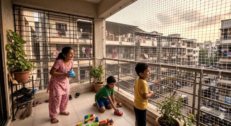 Children playing safely on a netted balcony